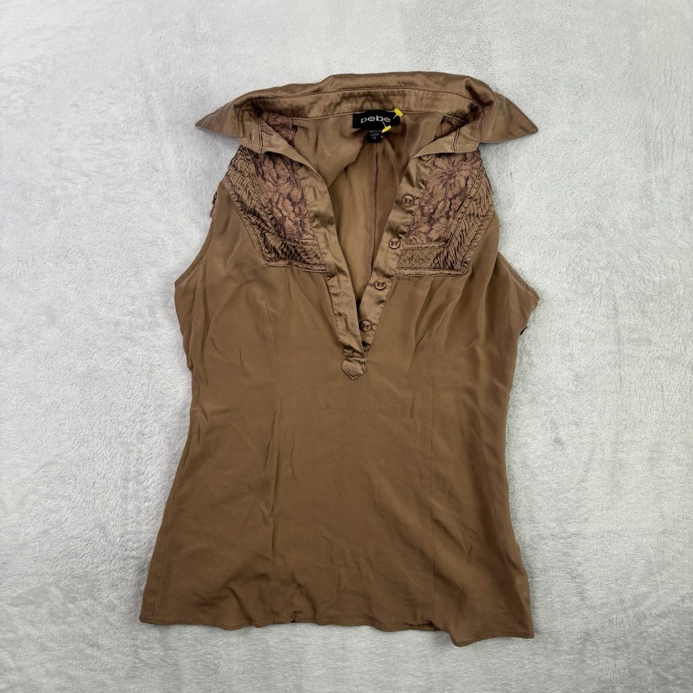 Y2K bebe Brown Button Up Sleeveless Silk Collared Blouse Women's XS